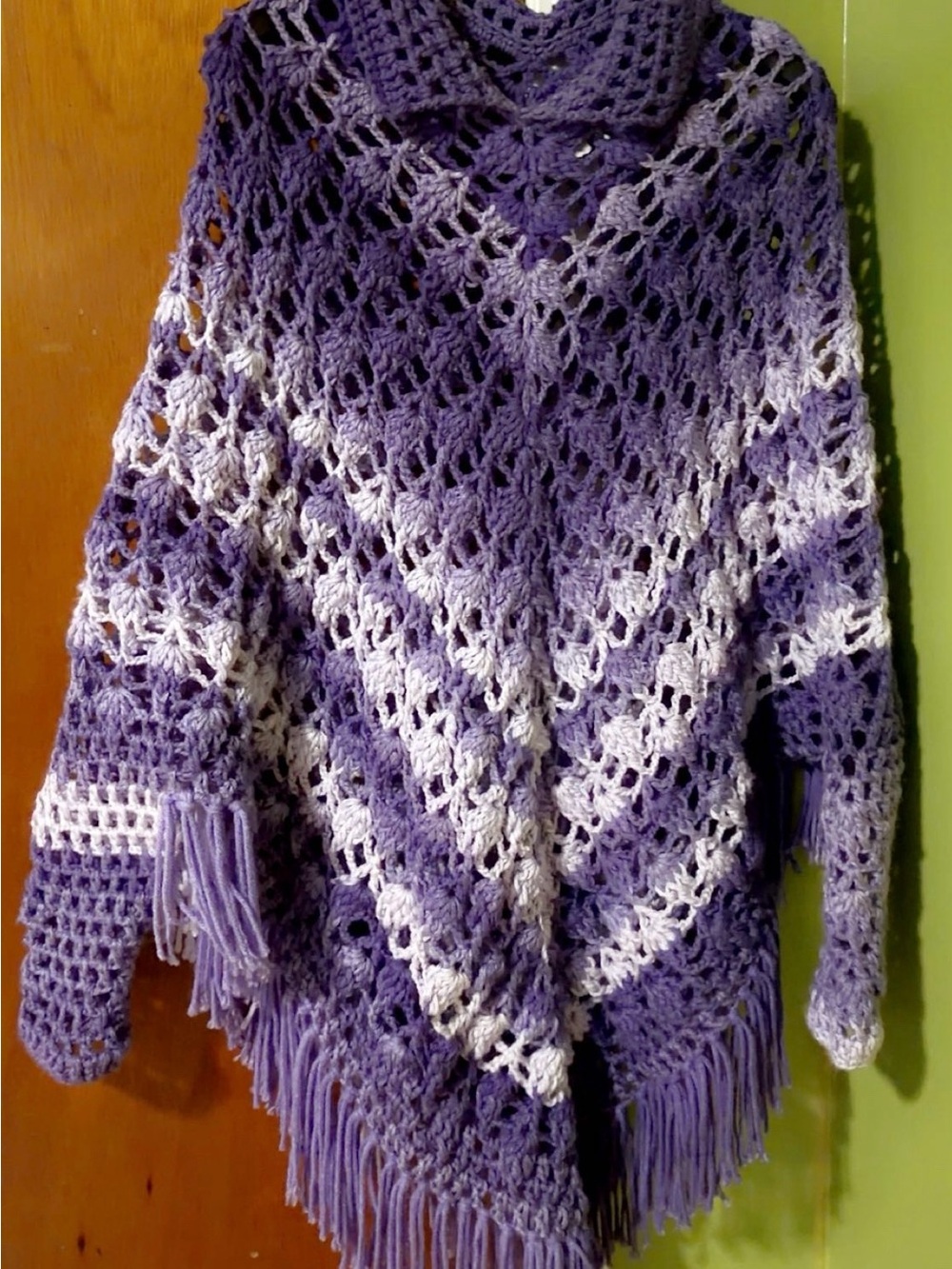 Handmade Purple and White Crochet Fringe Poncho Sweater